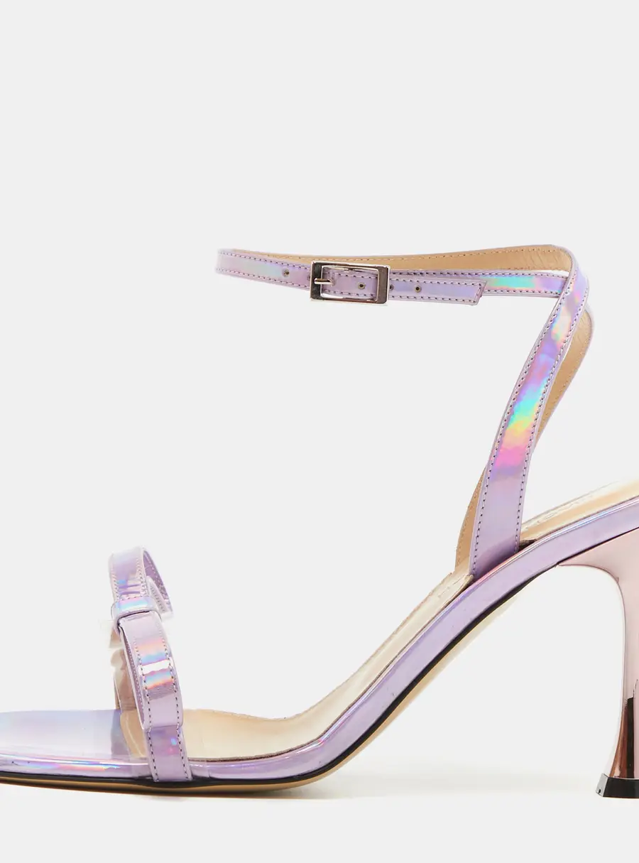 Mach & Mach French Bow Size 38.5 Purple Holographic Patent Leather Ankle Strap Sandals