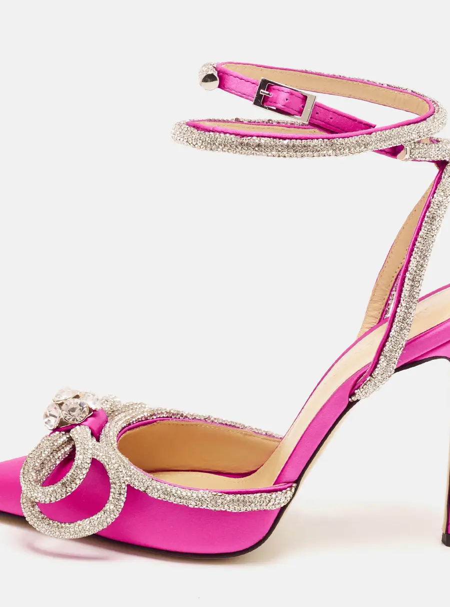 Mach & Mach Double Bow Size 36 Pink Satin Crystal Embellished Ankle Strap Pumps