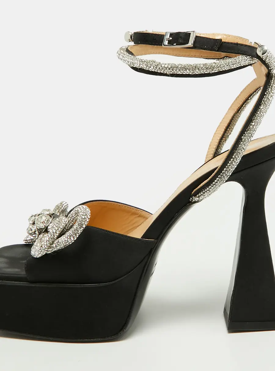 Mach & Mach Double Bow Size 38 Black Satin Platform Ankle Strap Sandals