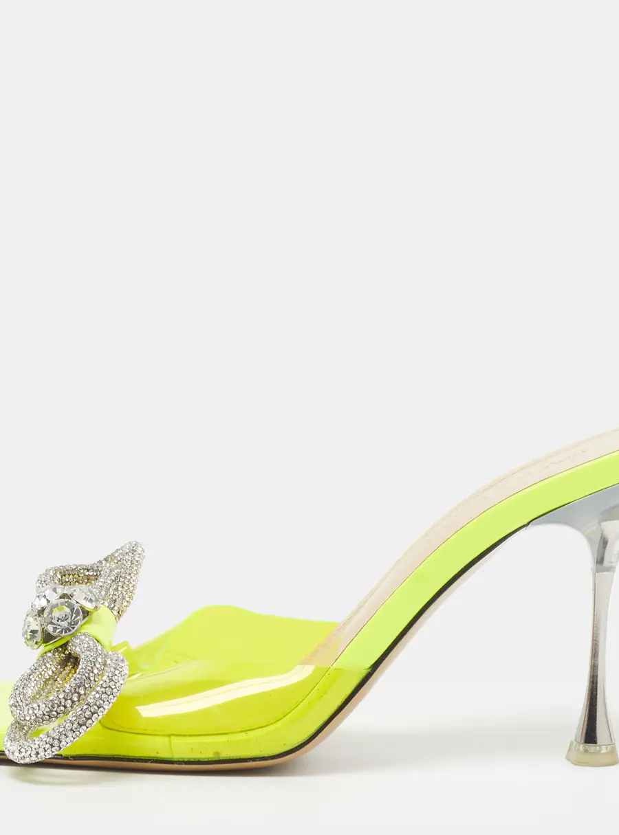 Mach & Mach Double Bow Size 37.5 Neon Green PVC Crystal Embellished Square Toe Slide Sandals