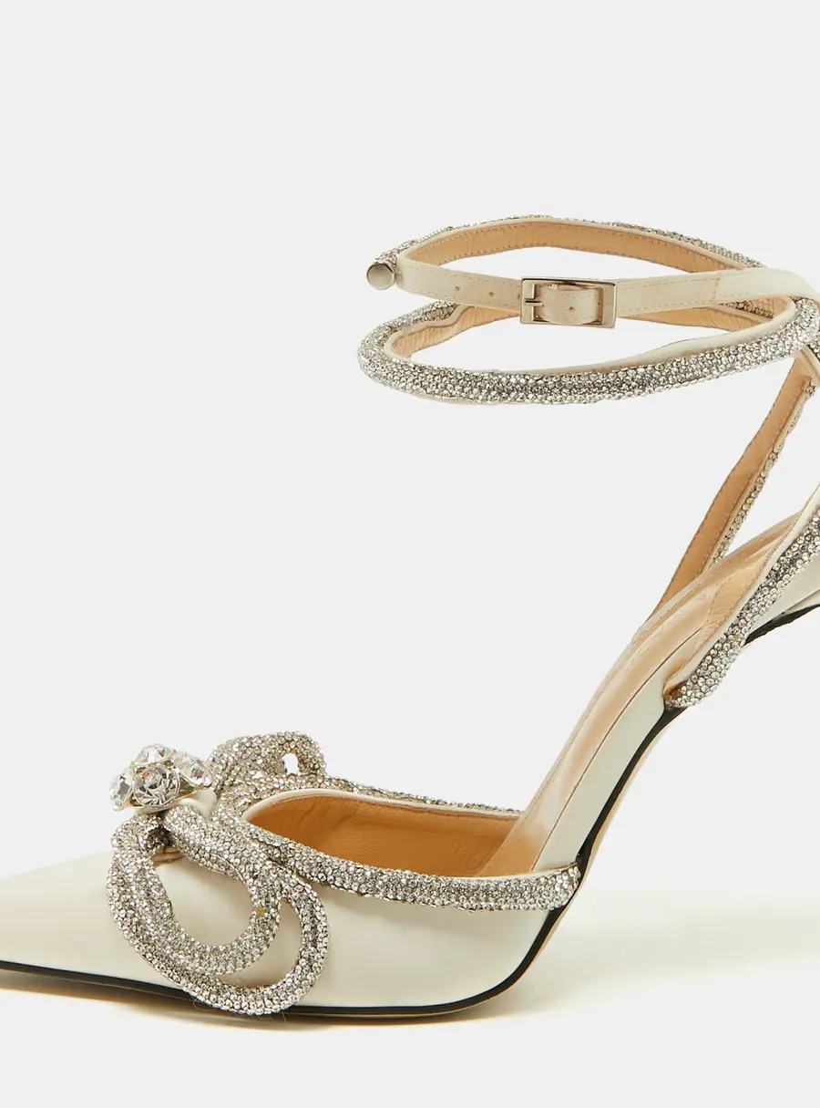 Mach & Mach Double Bow Size 40 Cream Satin Crystal Embellished Pumps