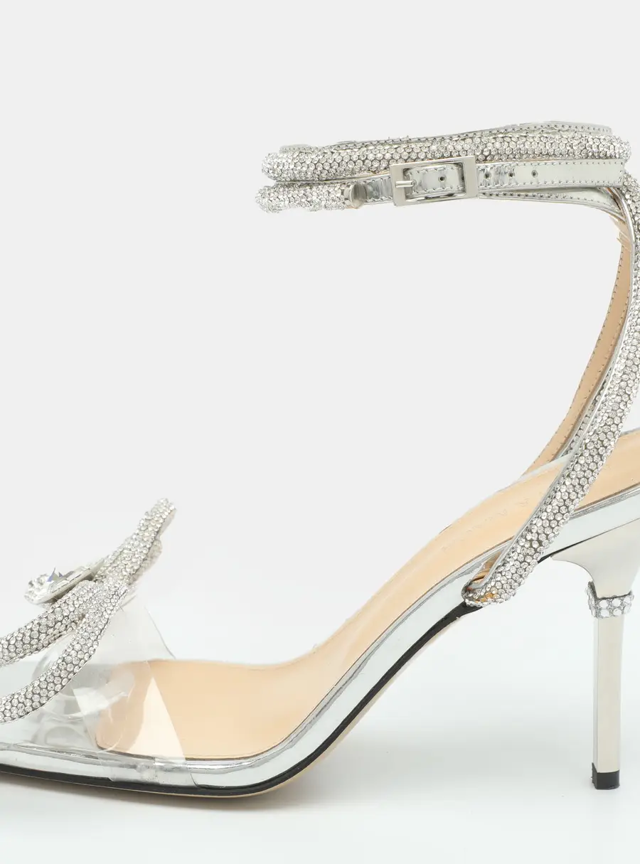 Mach & Mach Double Bow Size 38 Silver Leather Crystal Embellished Ankle Wrap Sandals