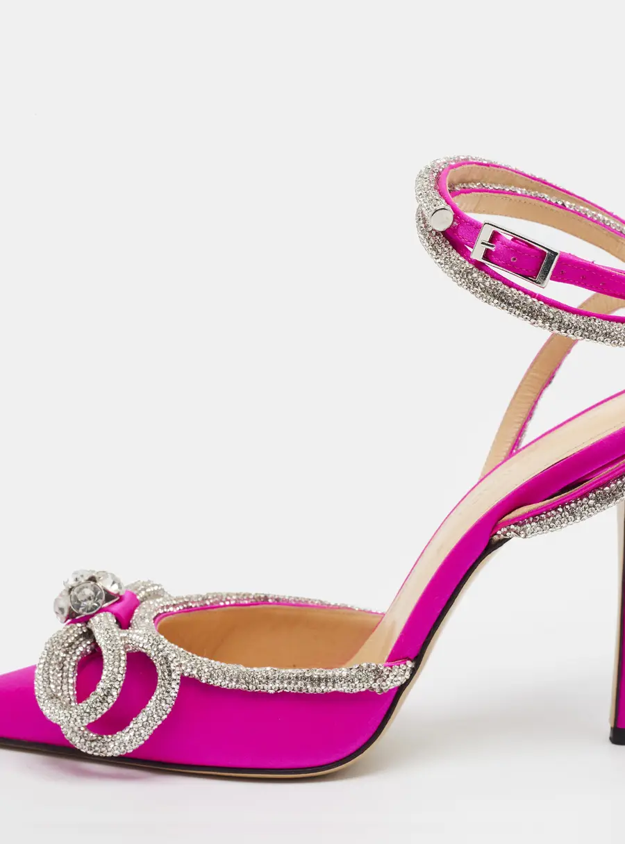 Mach & Mach Size 37.5 Pink Satin Crystal Double Bow Ankle Wrap Pumps