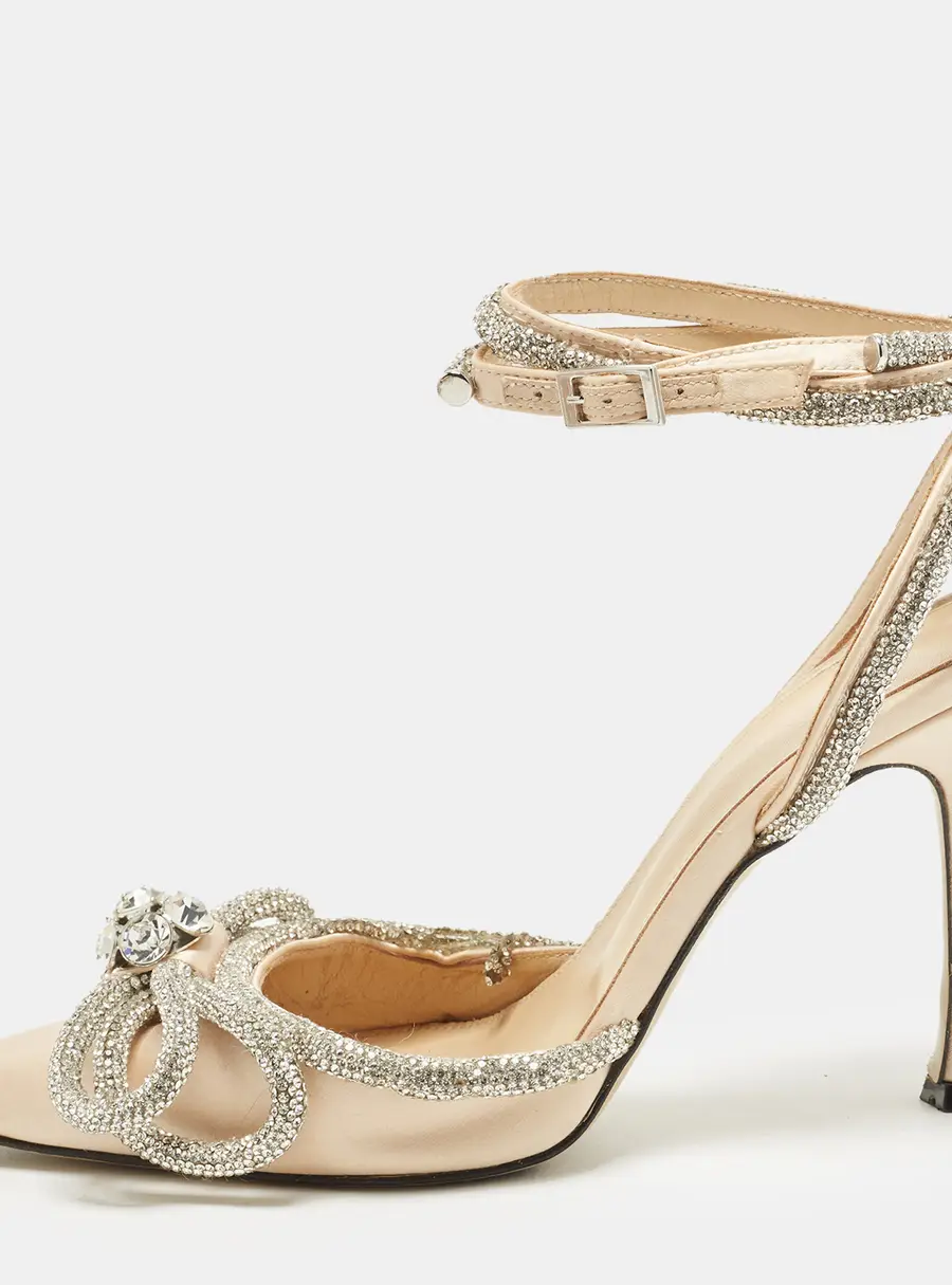 Mach & Mach Double Bow Size 37 Cream Satin Ankle Strap Pumps