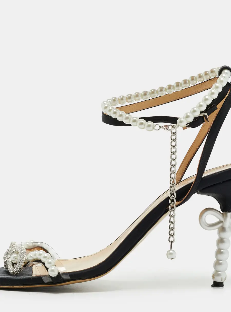 Mach & Mach Star Size 42 Black PVC and Satin Faux Pearls Ankle Strap Sandals