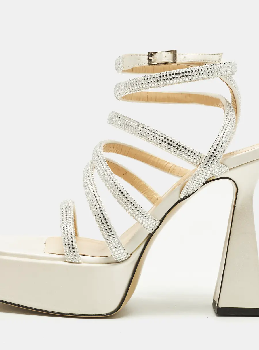 Mach & Mach Sydney Size 40 Cream/Silver Satin Platform Ankle Strap Sandals