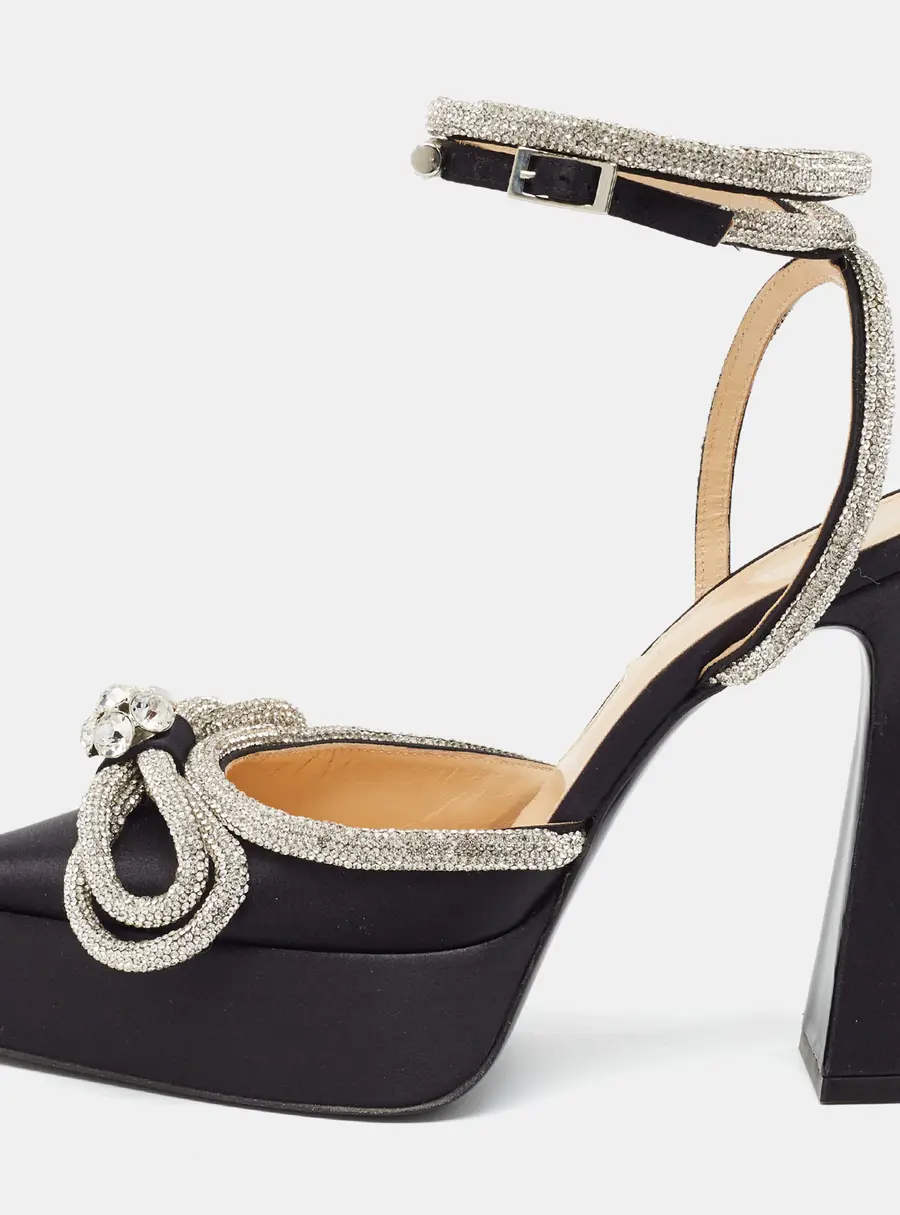 Mach & Mach Double Bow Size 39 Black Satin Crystal Embellished Platform Ankle Strap Pumps