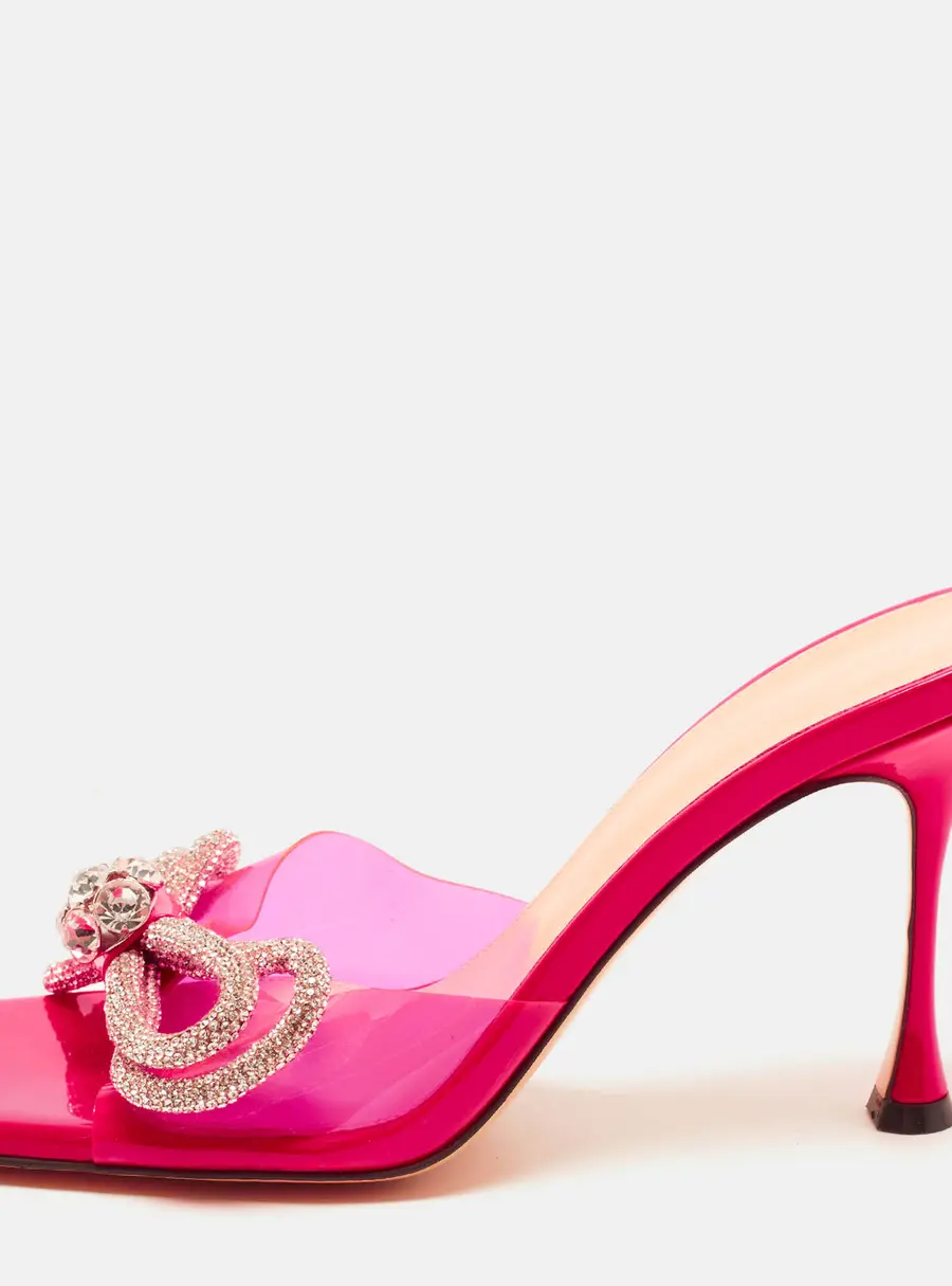 Mach & Mach Double Bow Size 40 Pink PVC Crystal Embellished Slide Sandals