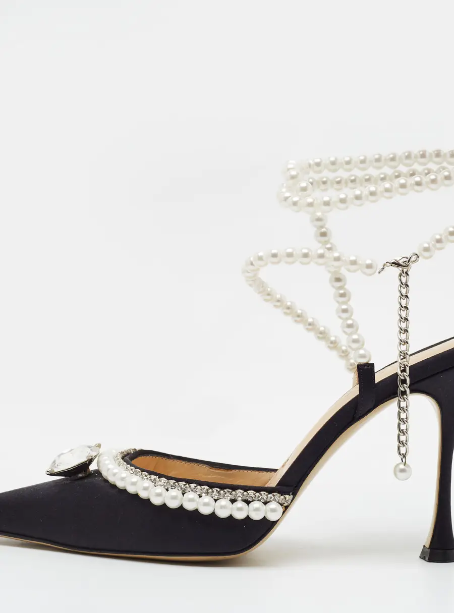 Mach & Mach Size 39 Black Satin Faux Pearl Crystal Embellished Ankle Strap Pumps