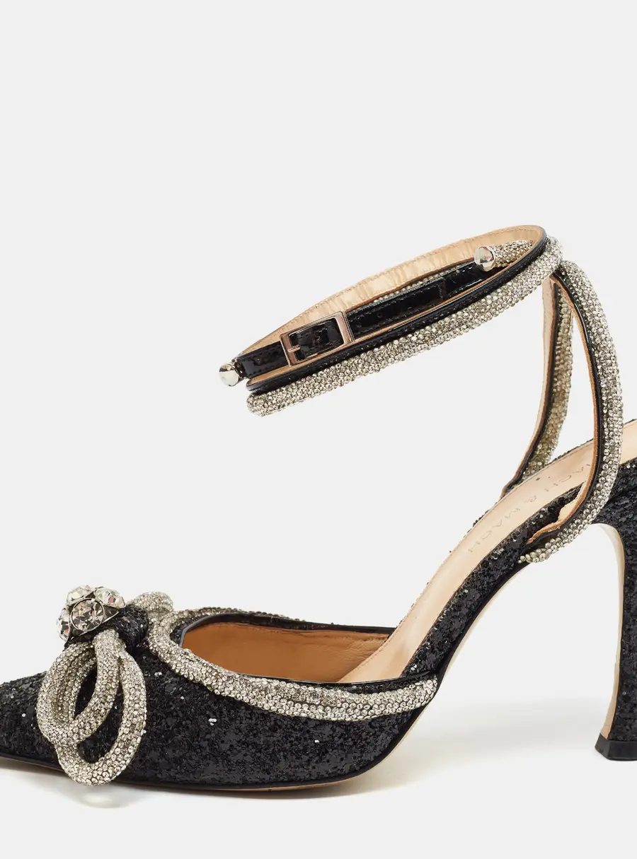 Mach & Mach Double Bow Size 39 Black Glitter Crystal Embellished Ankle Strap Pumps