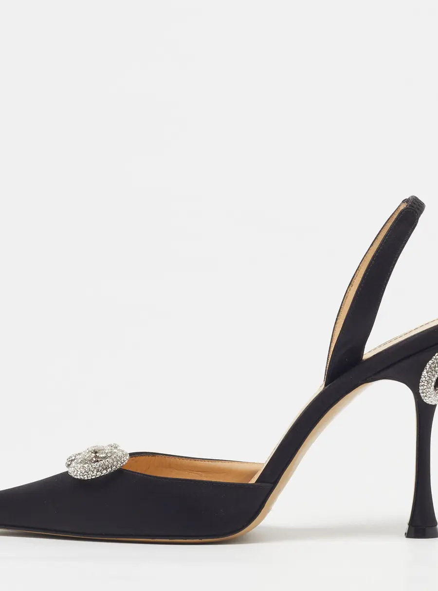 Mach & Mach Double Bow Size 39 Black Satin Crystal Embellished Ankle Strap Pumps