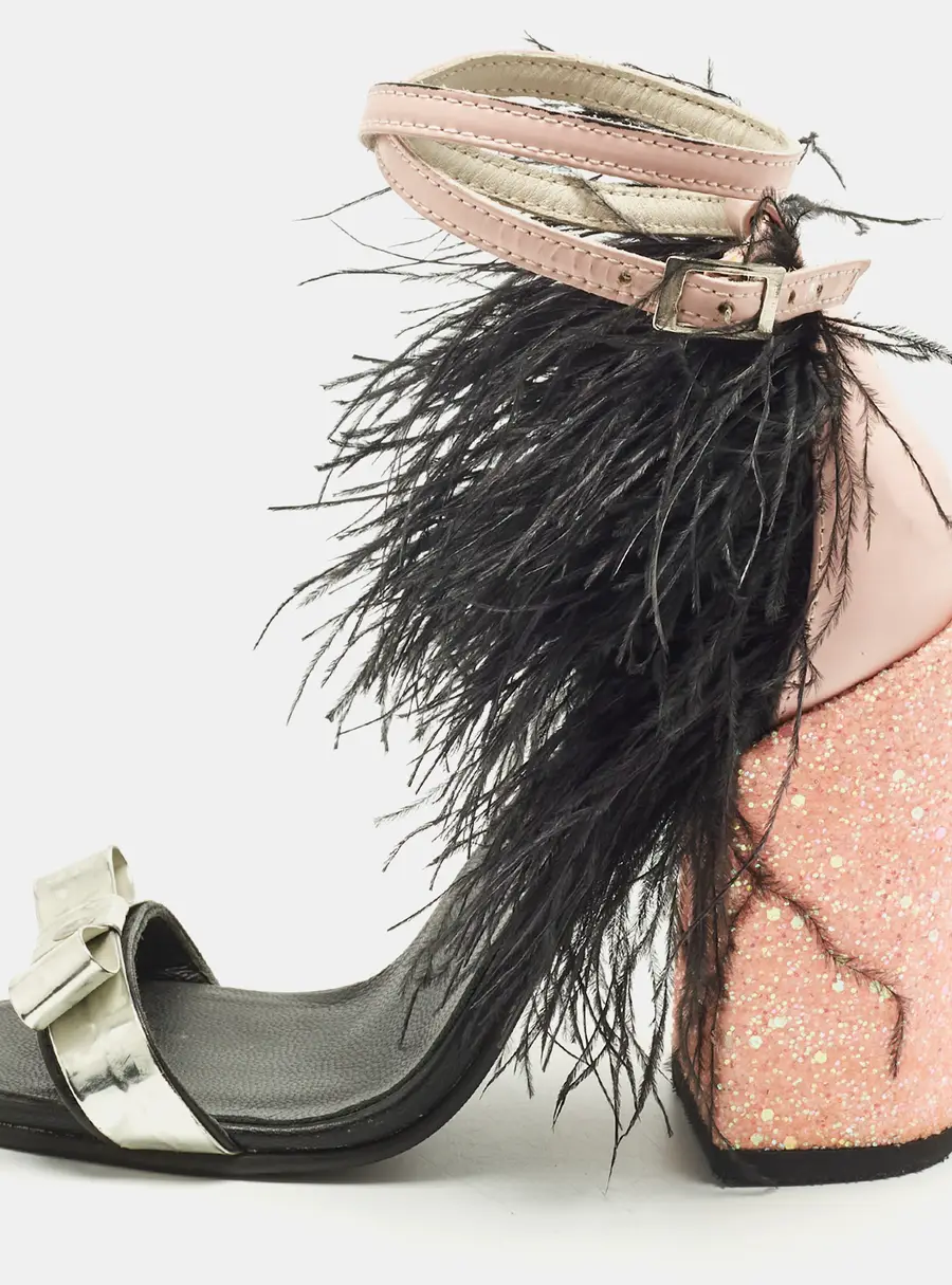 Mach & Mach Size 38 Leather and Patent Feather Embellished Ankle Strap Block Heel Sandals