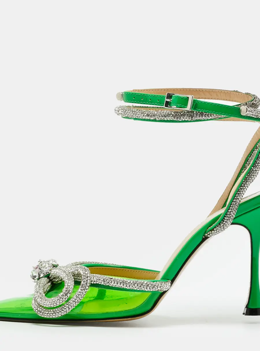 Mach & Mach Double Bow Size 36 Green Patent Leather and PVC Crystal Embellished Pumps