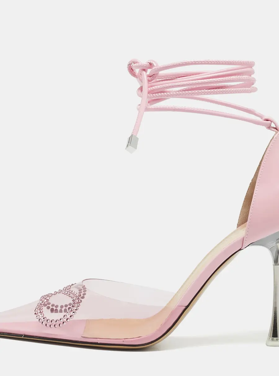 Mach & Mach Pink Leather and PVC Crystal Embellished Bow Ankle Tie Pumps Size 39.5
