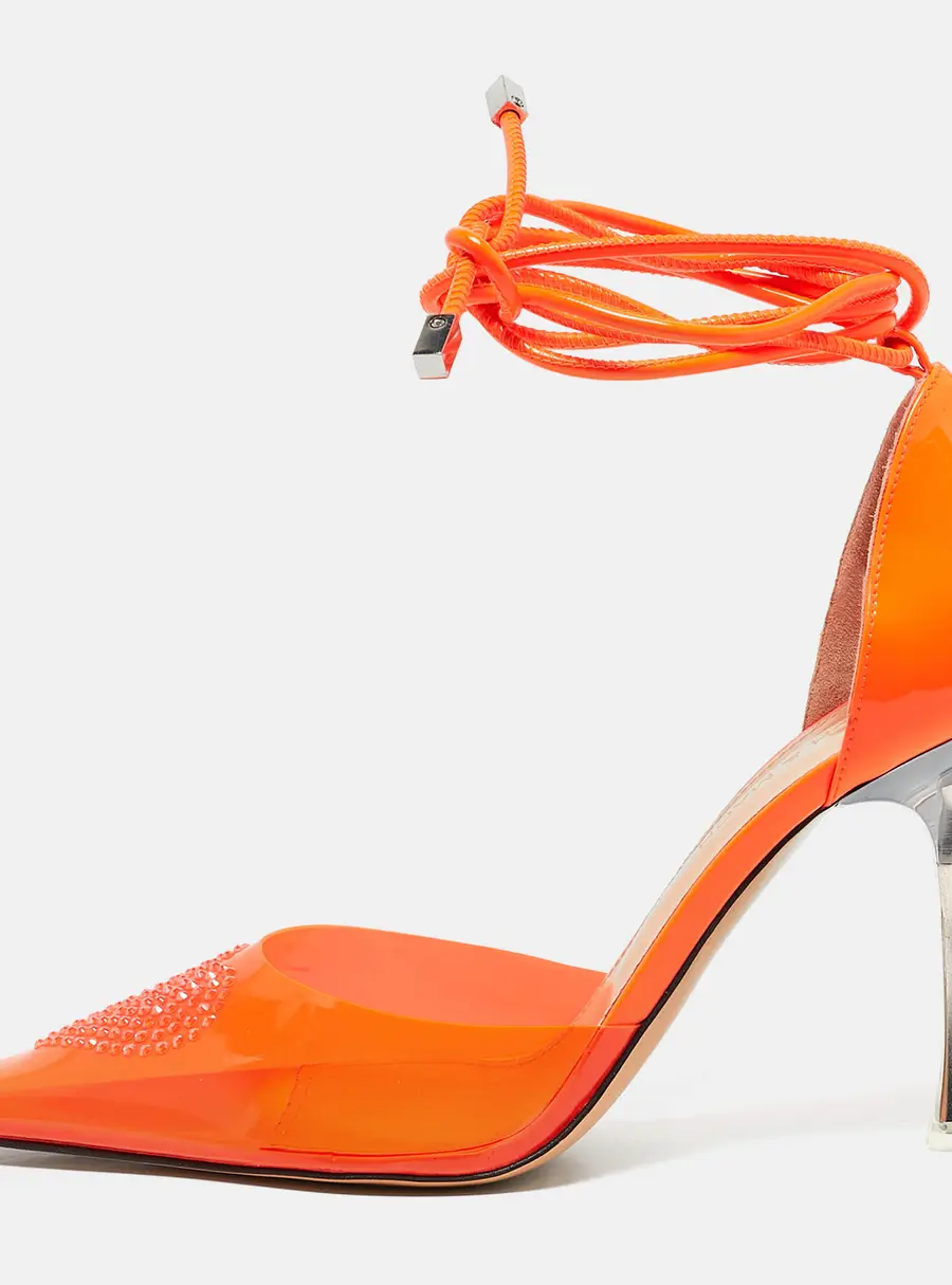 Mach & Mach Neon Orange Leather and PVC Crystal Embellished Heart Ankle Tie Pumps Size 38