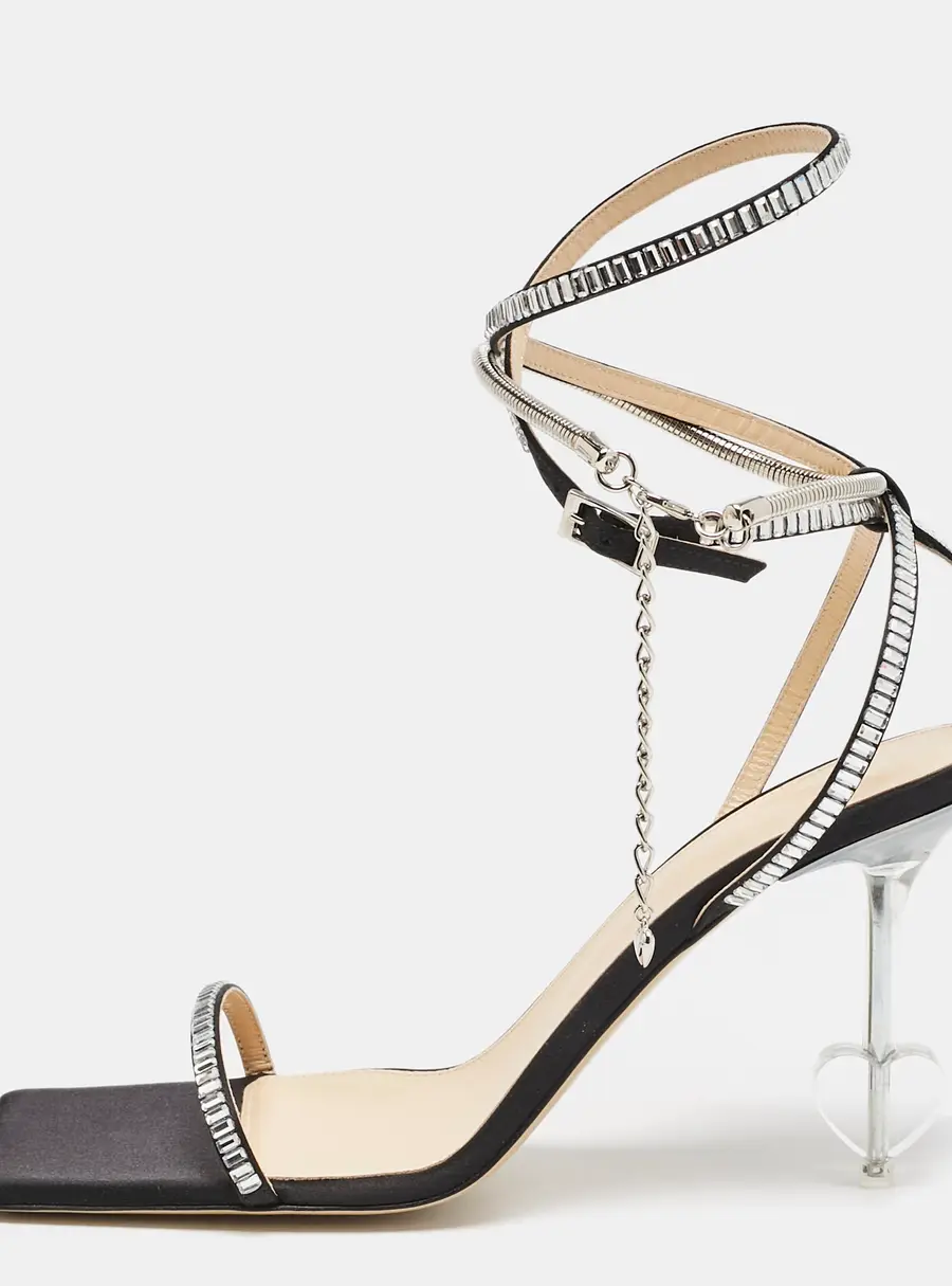 Mach & Mach Black Satin Crystal Embellished Heart Ankle Strap Sandals Size 41