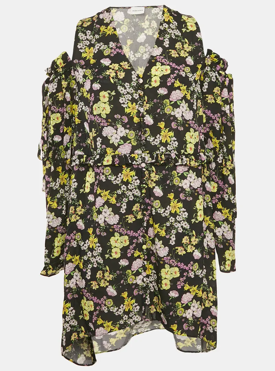 Magda Butrym Black Floral Print Silk Cold-Shoulder Short Dress S