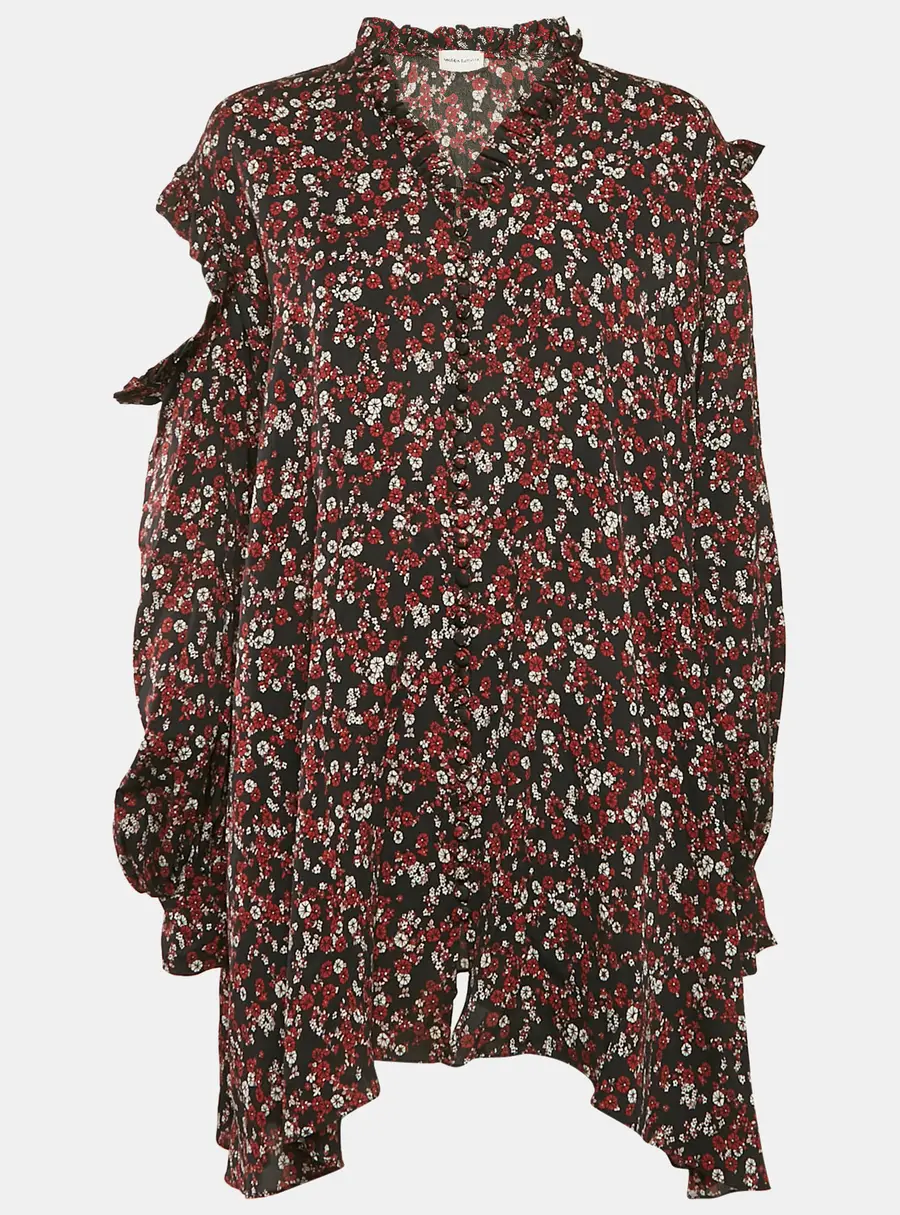 Magda Butrym Black Floral Print Silk Cold-Shoulder Single Sleeve Mini Dress S