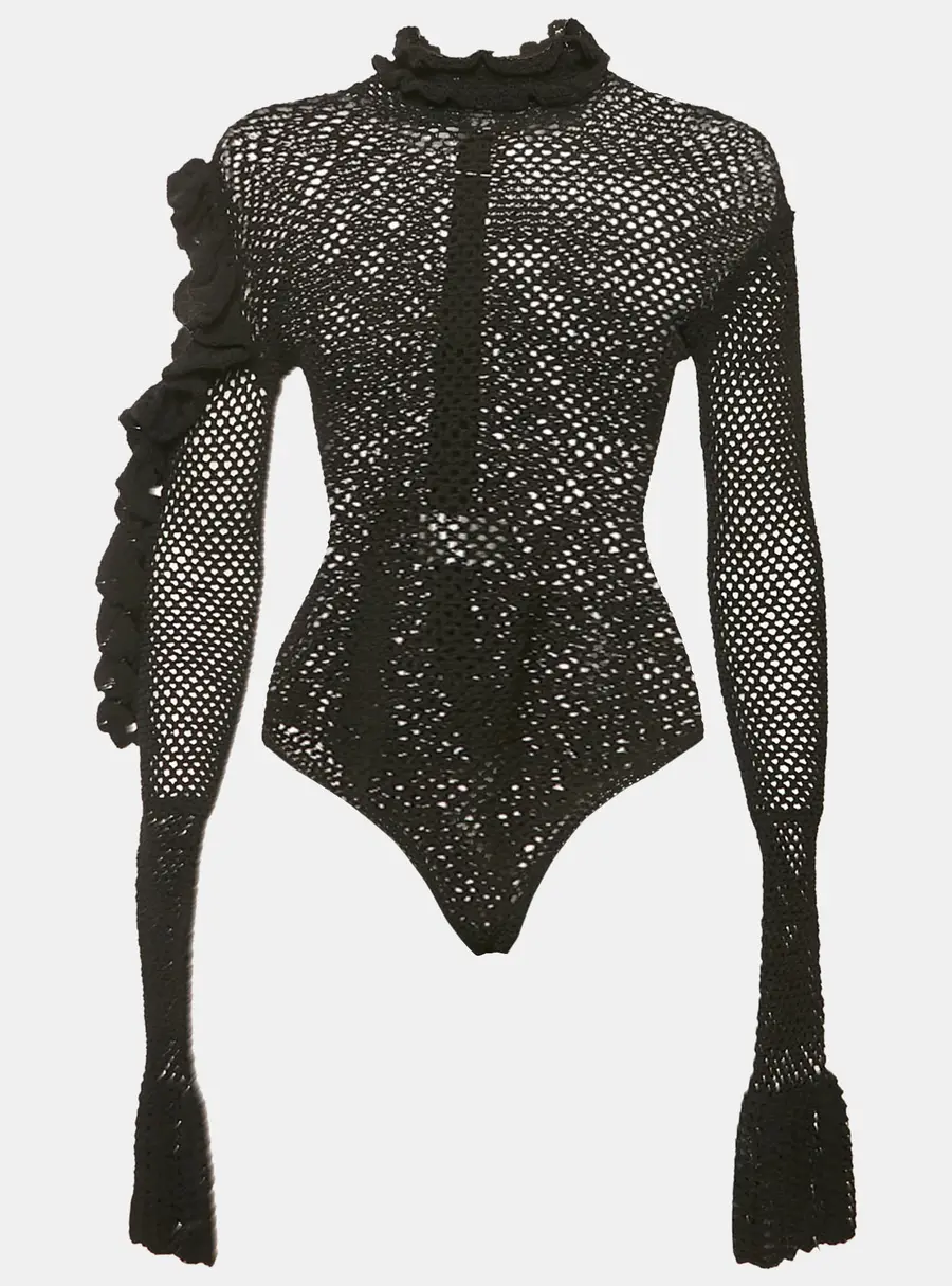 Magda Butrym Black Crochet Ruffled Cold Shoulder Bodysuit M