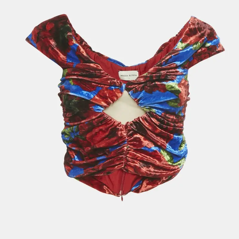 Magda Butrym Multicolor/Red Printed Velvet Ruched Crop Top S