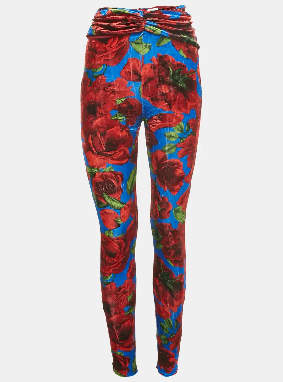 Magda Butrym Multicolor/Red Rose Print Velvet Drape Detail Leggings S