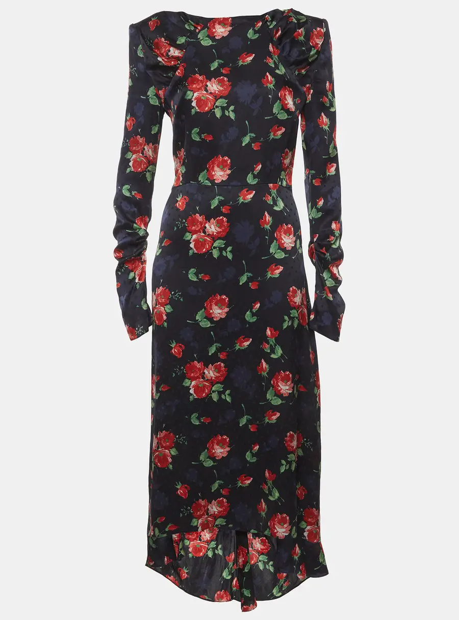 Magda Butrym Navy Blue Floral Print Satin Jacquard Midi Dress S