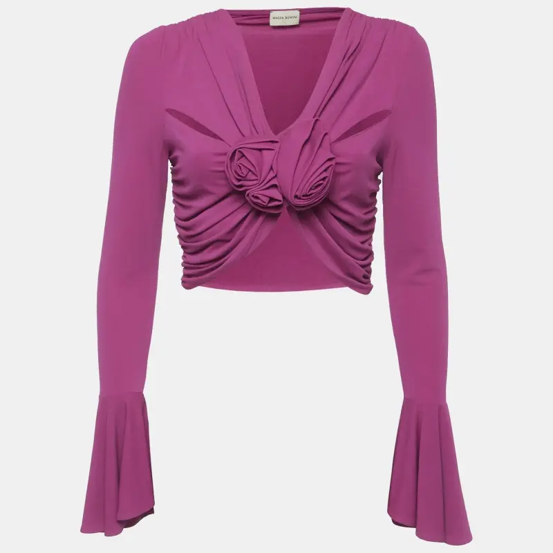 Magda Butrym Purple Flower Applique Draped Jersey Crop Top M