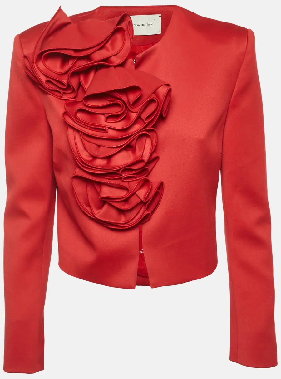 Magda Butrym Red Floral Applique Detail Wool Cropped Jacket S