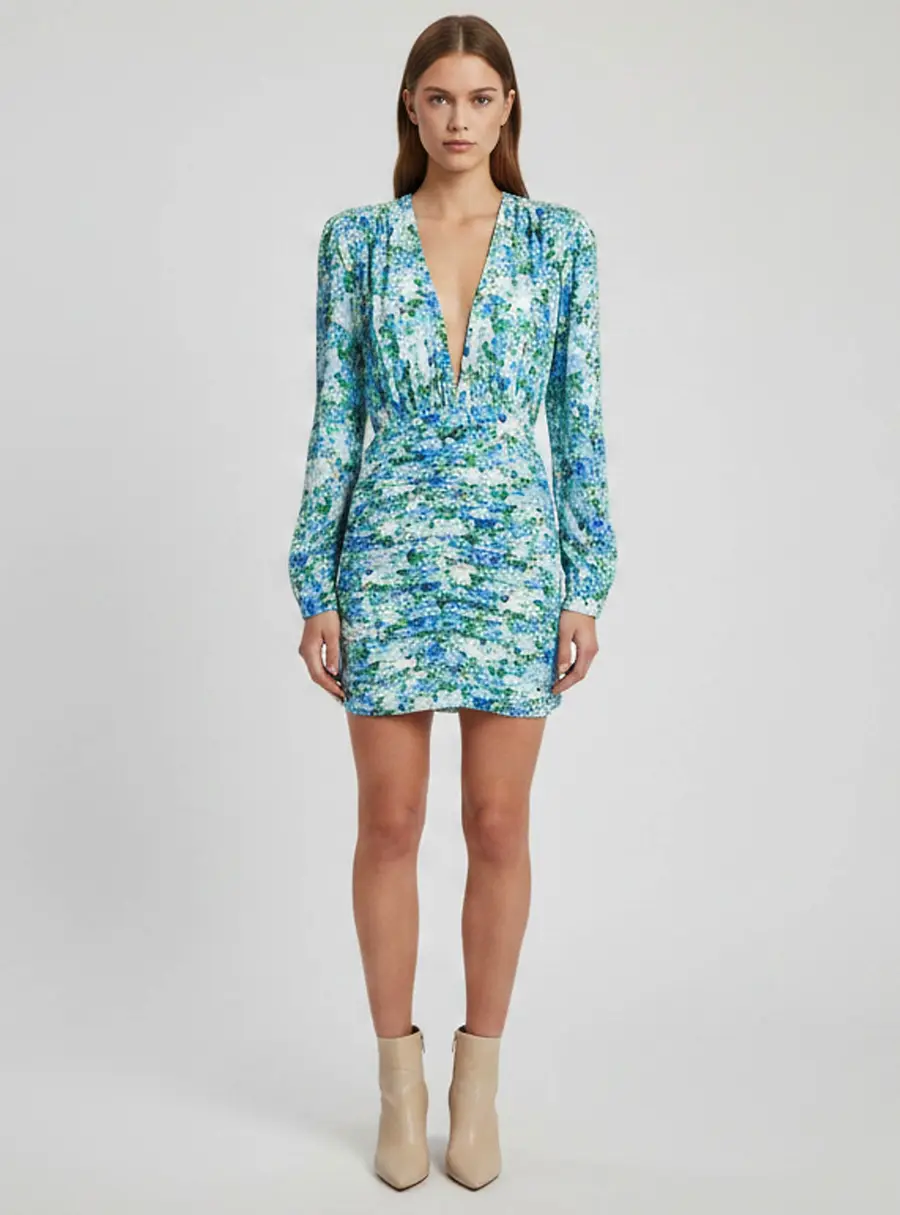 Magda Butrym Blue Floral Print Silk Crepe Setubal Mini Dress S