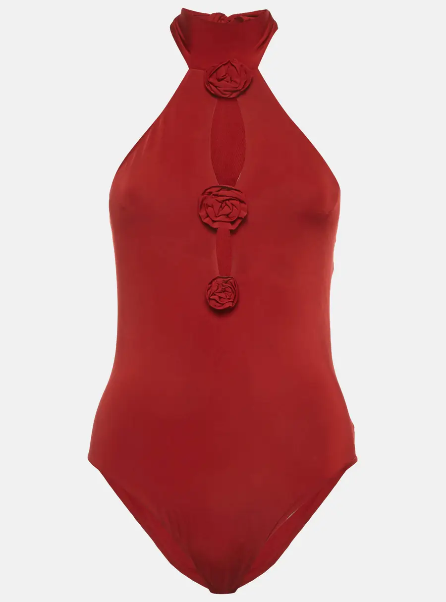 Magda Butrym Red Floral Appliqué Jersey Halter Bodysuit Top S