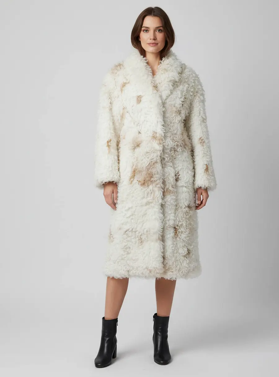 Magda Butrym Off White/Brown Curly Shearling Belted Long Coat M