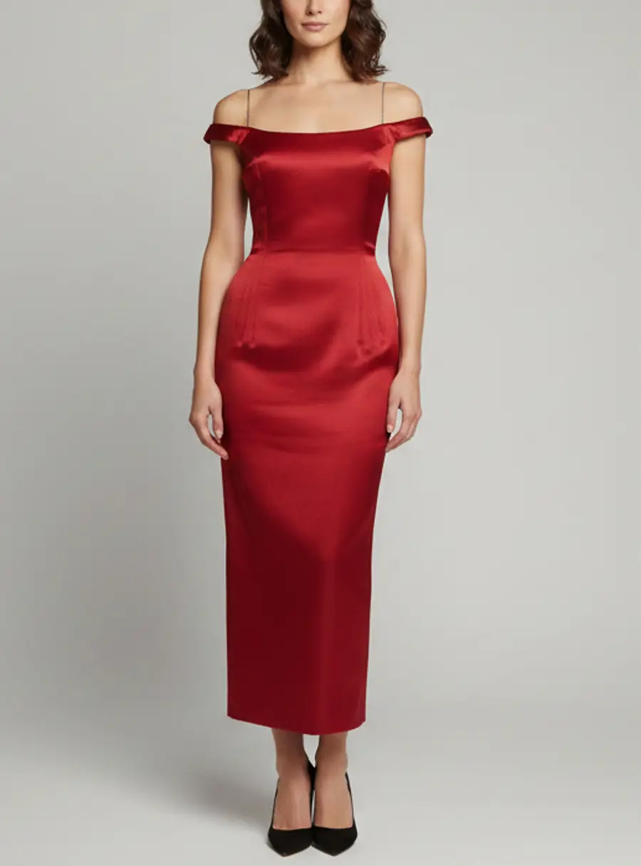 Magda Butrym Red Silk Satin Off-Shoulder Padded Midi Dress S