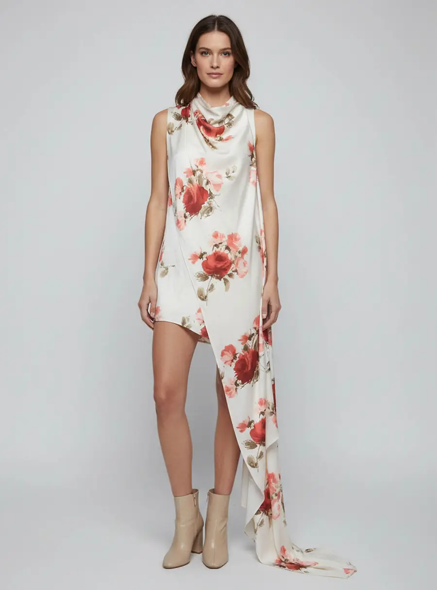 Magda Butrym White Floral Print Satin Draped Midi Dress S