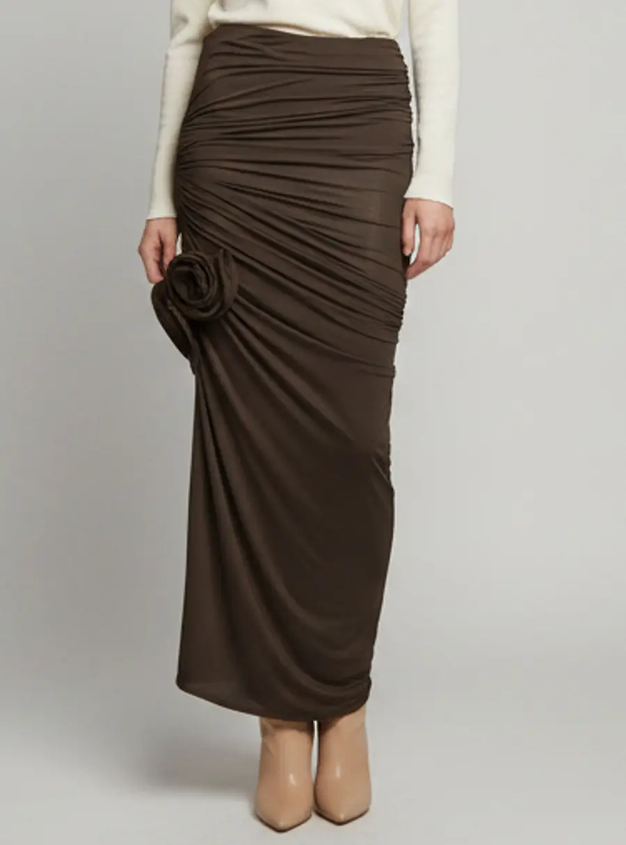 Magda Butrym Black Ruched Jersey Floral Applique Slit Midi Skirt S