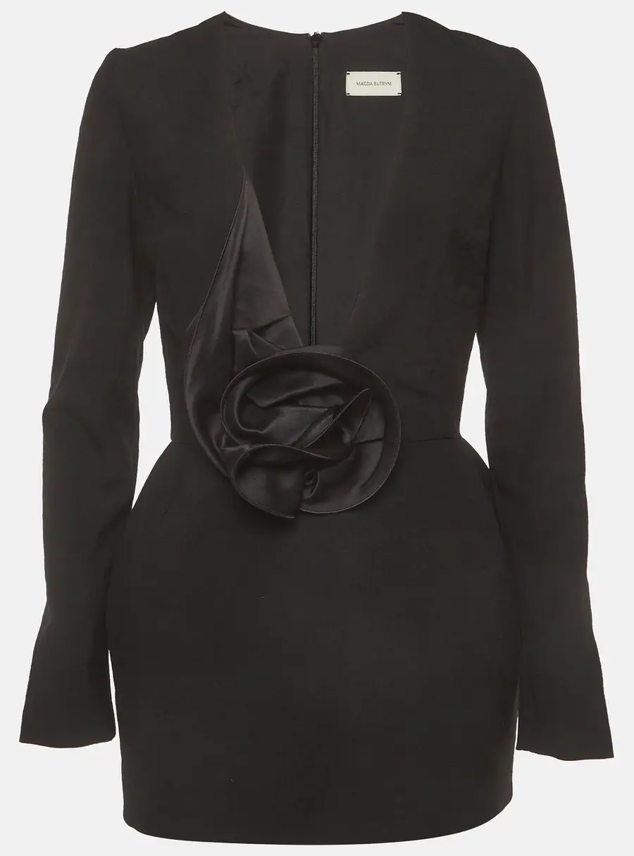 Magda Butrym Black Floral Applique Crepe Plunge V-Neck Mini Dress S
