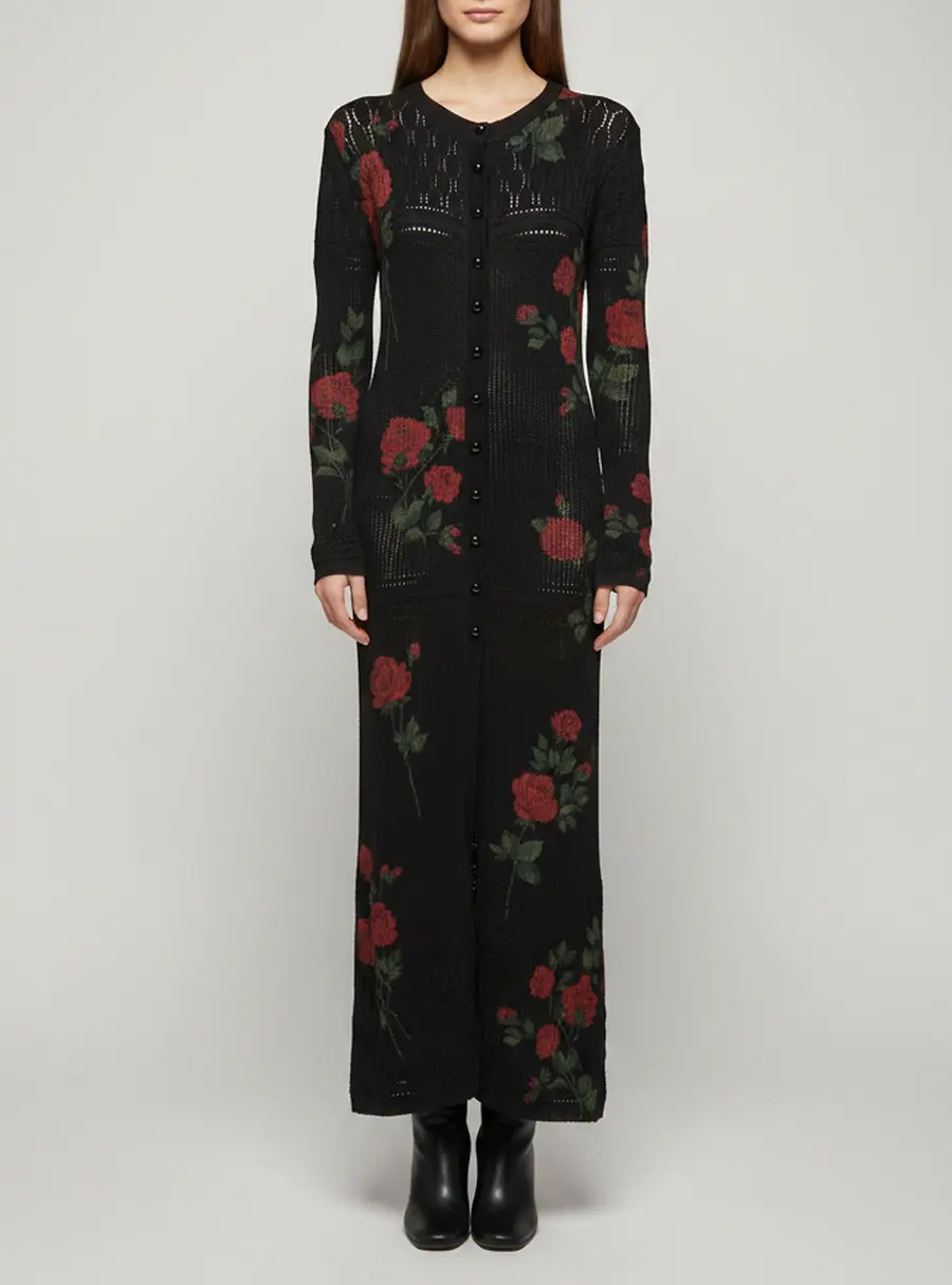 Magda Butrym Black Rose Print Pointelle Knit Long Cardigan S