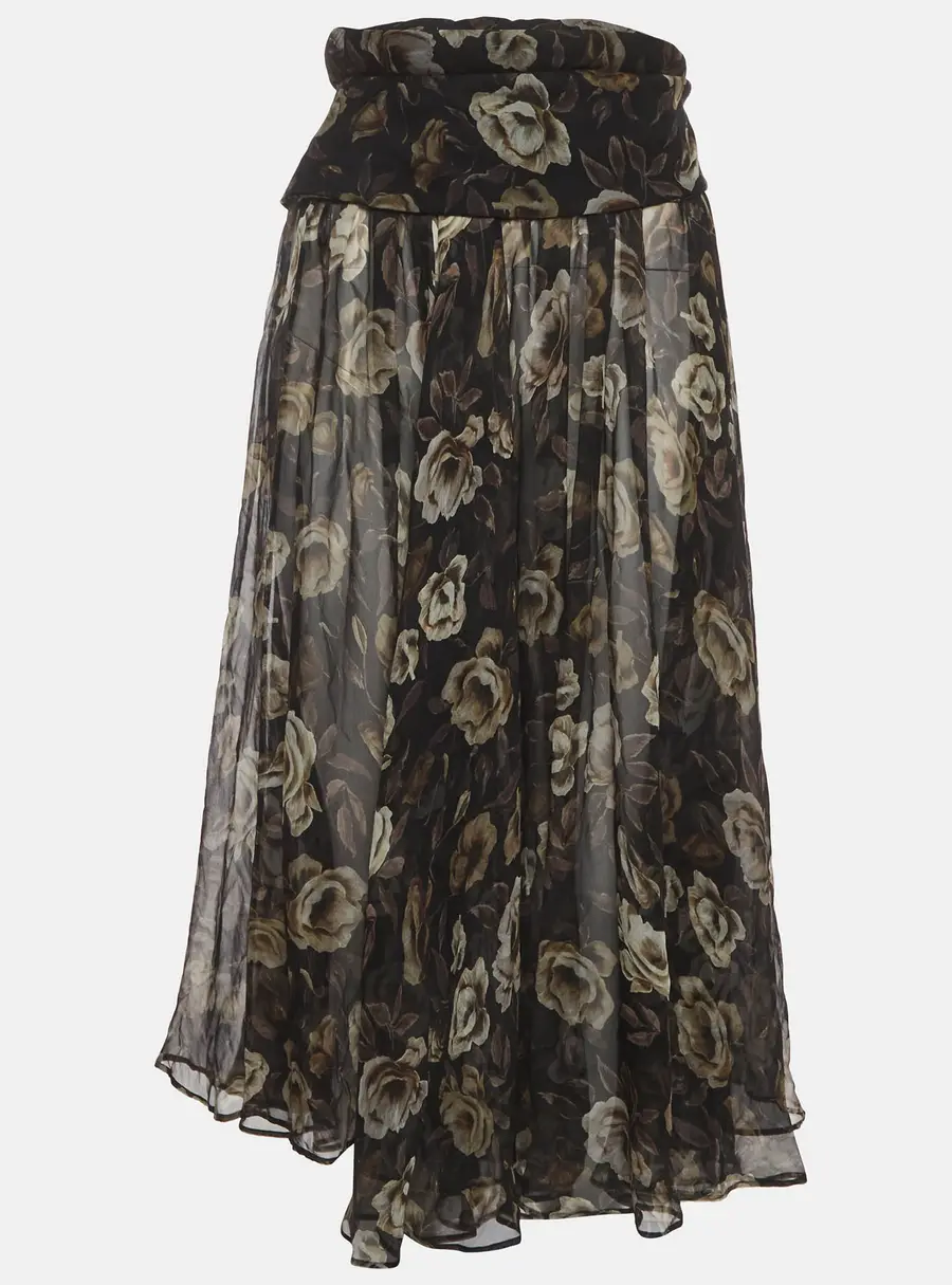 Magda Butrym Black Floral Print Silk Chiffon Midi Skirt S