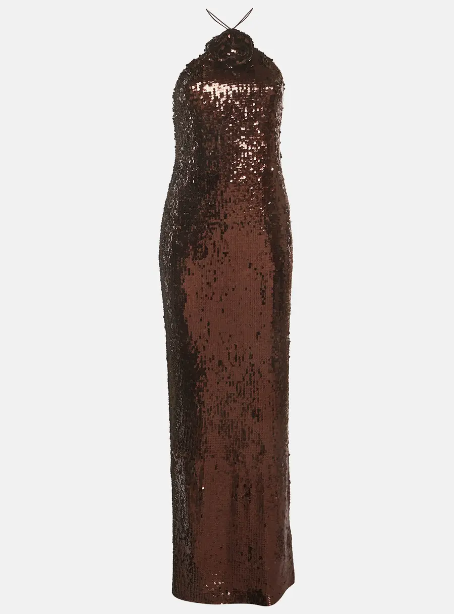 Magda Butrym Brown Sequin Embellished Halter Neck Gown S