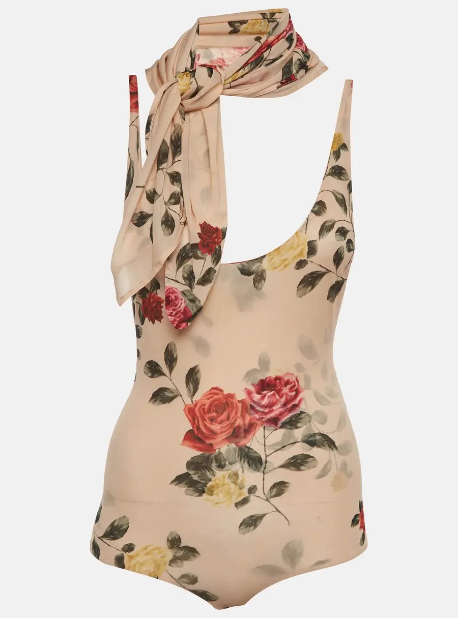 Magda Butrym Beige Floral Print Mesh Bodysuit and Scarf Set S
