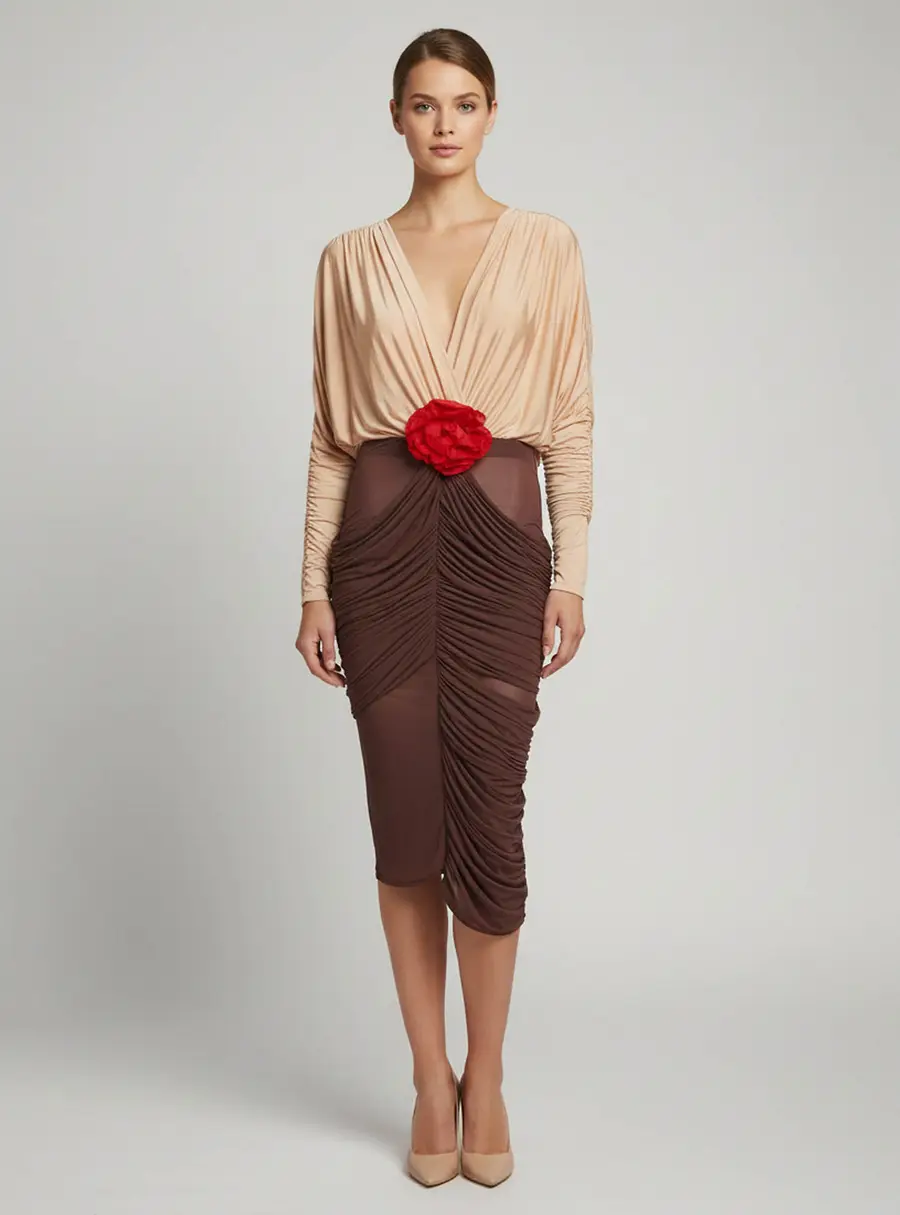 Magda Butrym Beige/Brown Jersey Ruched Plunge Neck Midi Dress S