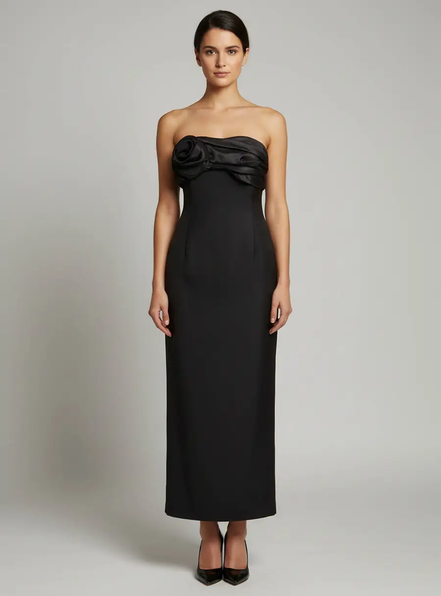 Magda Butrym Black Wool and Silk Blend Strapless Midi Dress S