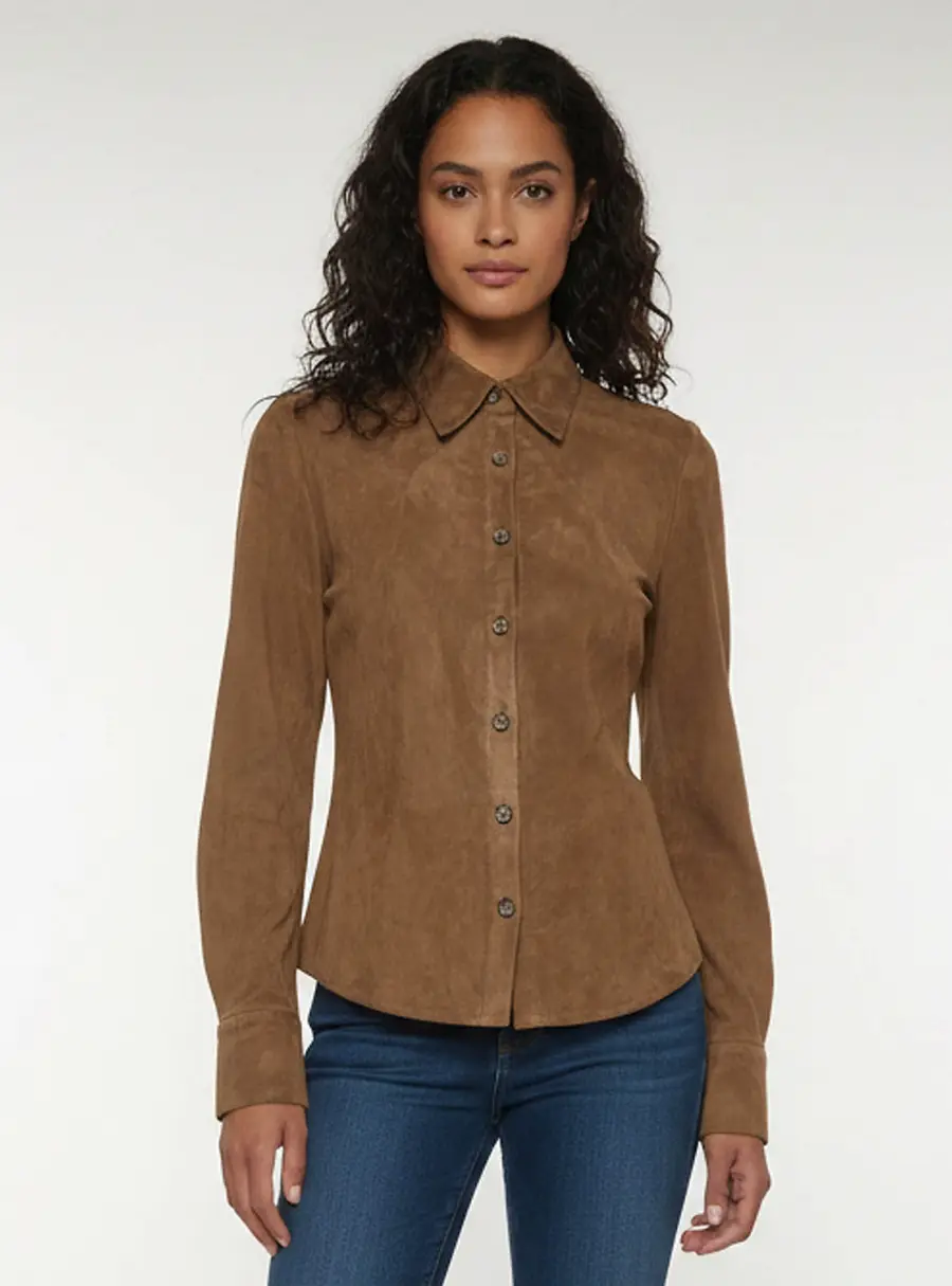 Magda Butrym Brown Leather Suede Long Sleeve Shirt S