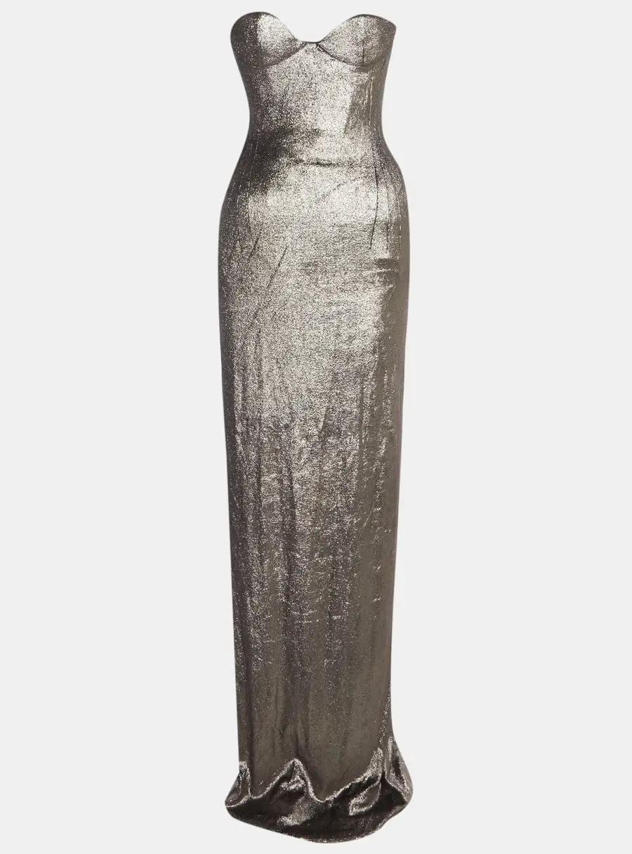 Magda Butrym Silver Lame Strapless Hourglass Bustier Maxi Dress S