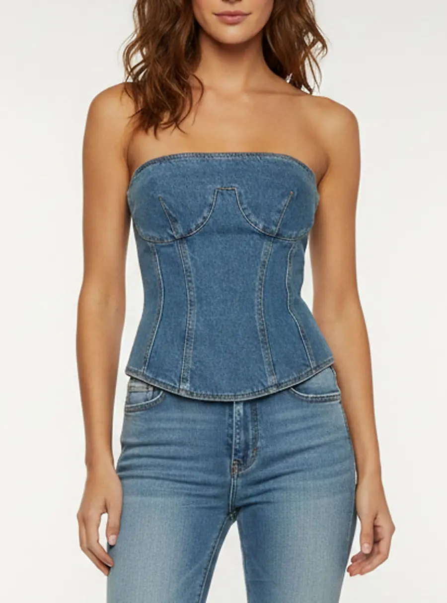 Magda Butrym Blue Denim Strapless Corset Top M