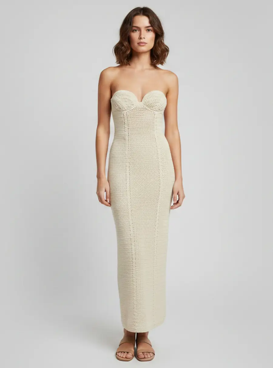 Magda Butrym Beige Crochet Bustier Midi Dress S