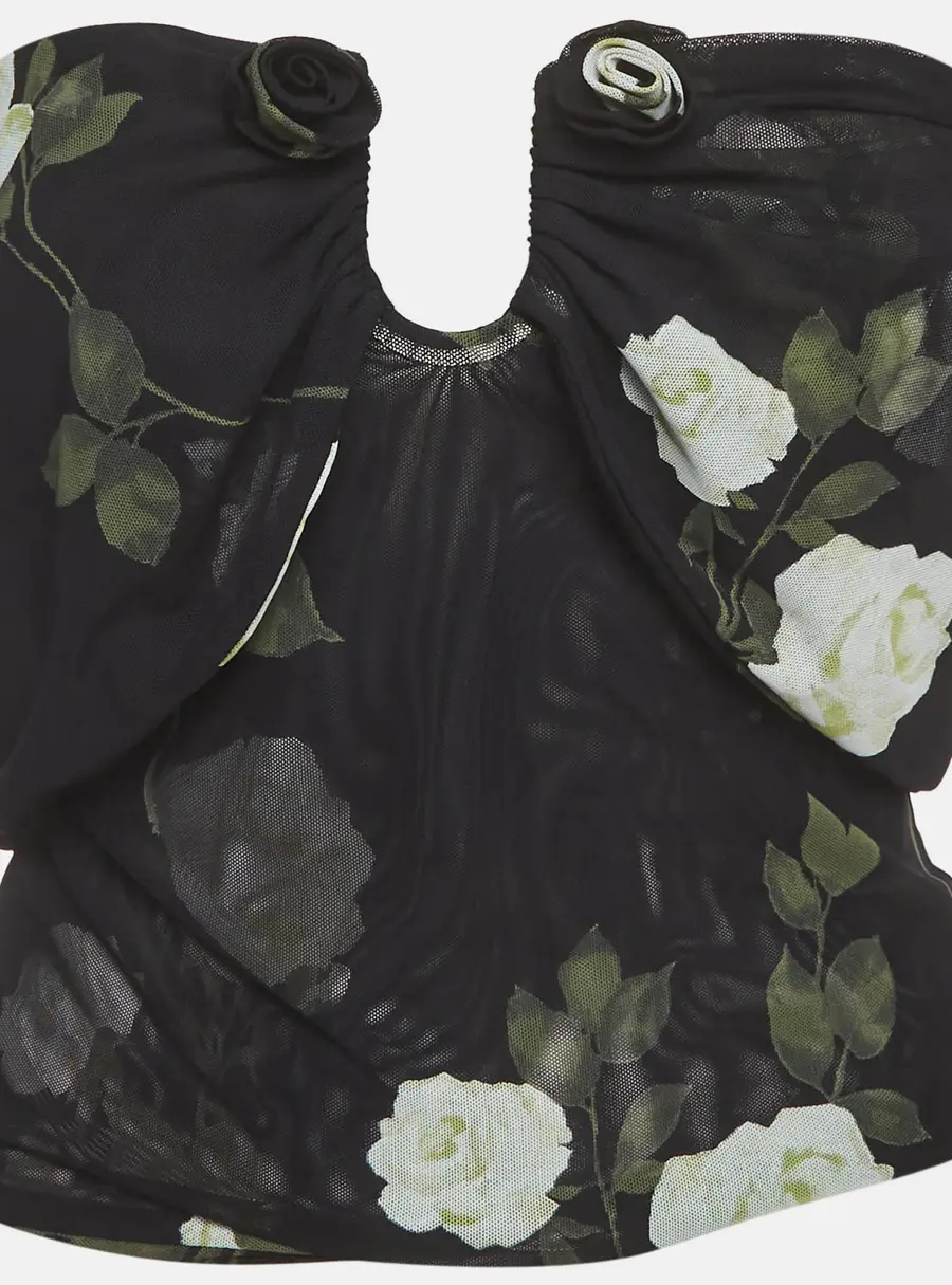 Magda Butrym Black Rose Print Mesh Sheer Ruched Crop Top S