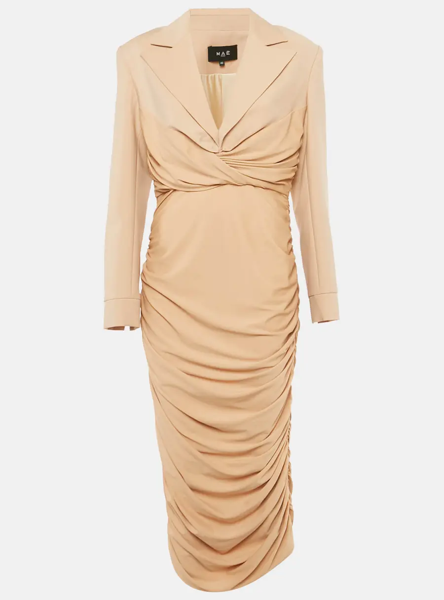 Mae Beige Wool Blend and Jersey Ruched Fatal Midi Dress L