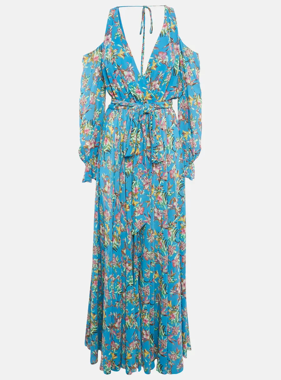 Maison D'Angelann Blue Floral Print Chiffon Maxi Dress S