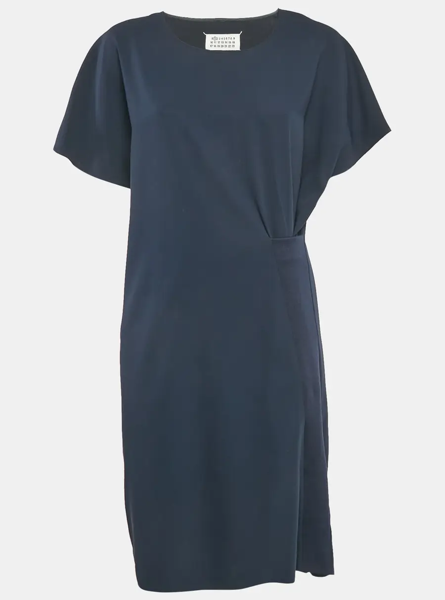 Maison Martin Margiela Navy Blue Rib Knit Trim Crepe Short Dress L