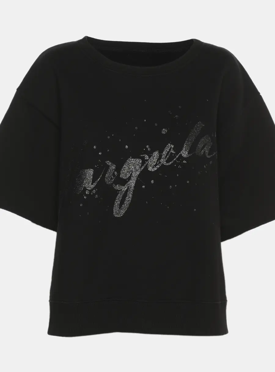 Maison Martin Margiela Black Glitter Logo Short Sleeve Sweater M